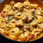 CrockPot Chicken Tortellini served in a bowl with herbs on top