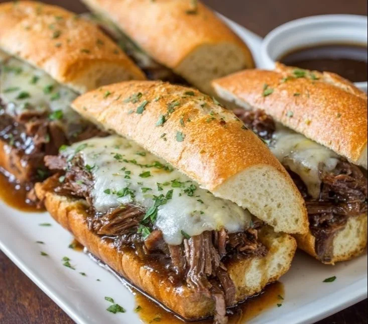 Crockpot French Dip Sandwiches 3 Crockpot French Dip Sandwiches served with au jus dipping sauce