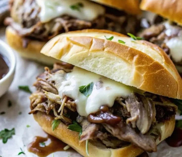Delicious crockpot French dip sandwiches with tender beef and melted cheese