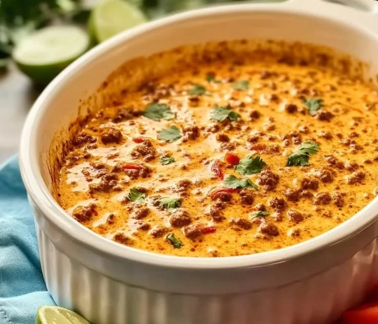 Crockpot Rotel Dip with Ground Beef served in a bowl with chips