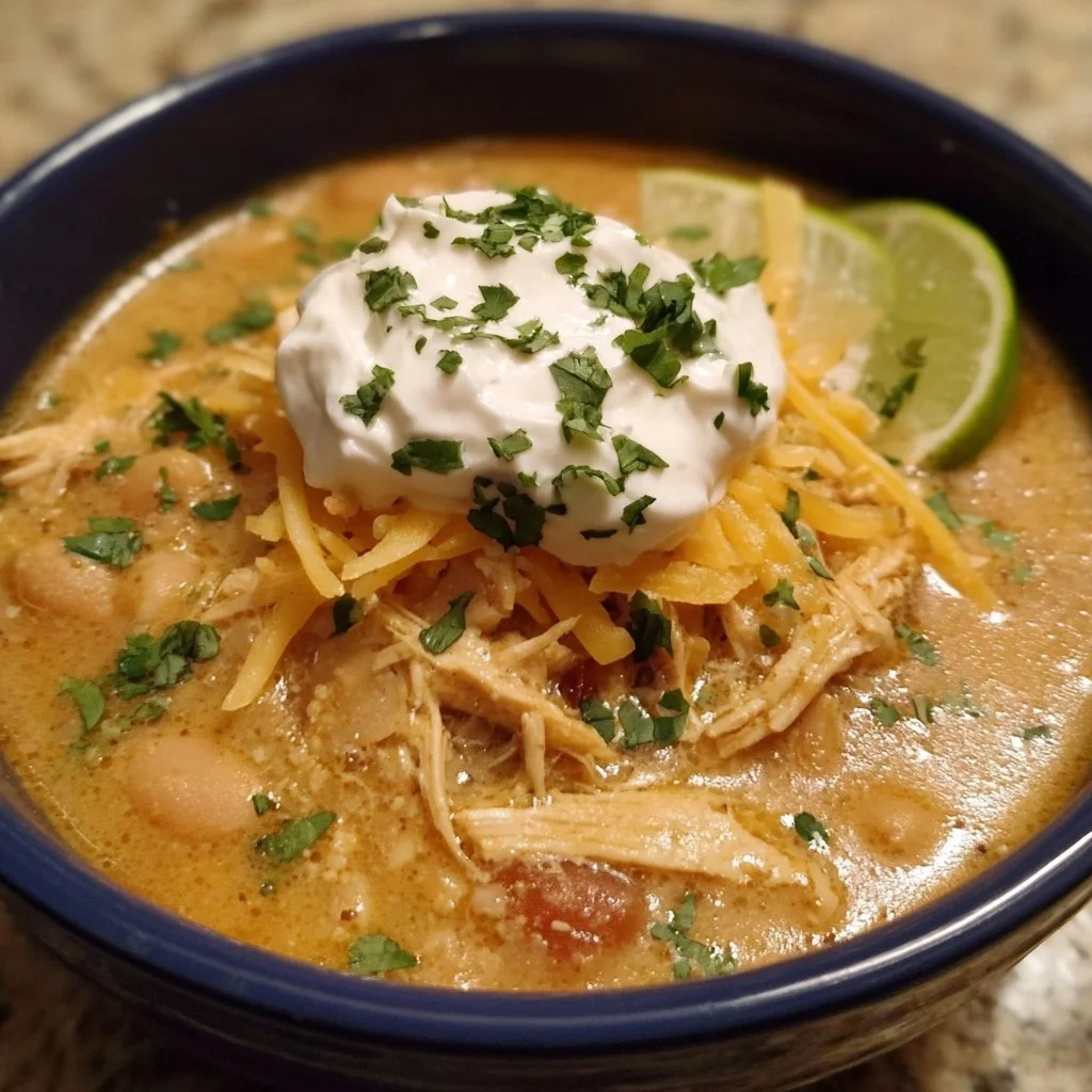 Crockpot White Chicken Chili with Cream Cheese 3 Crockpot white chicken chili with cream cheese served in a bowl