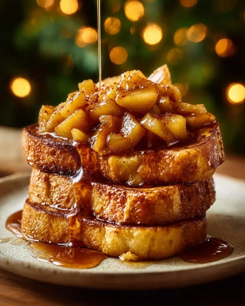 Decadent caramel apple brioche French toast topped with caramel sauce and apple slices