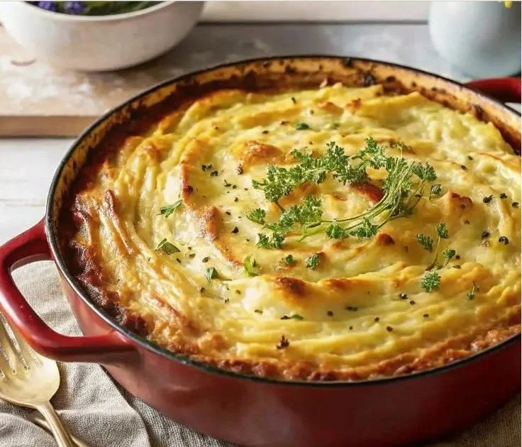 Delicious Dutch Oven Shepherd's Pie served in a rustic pot