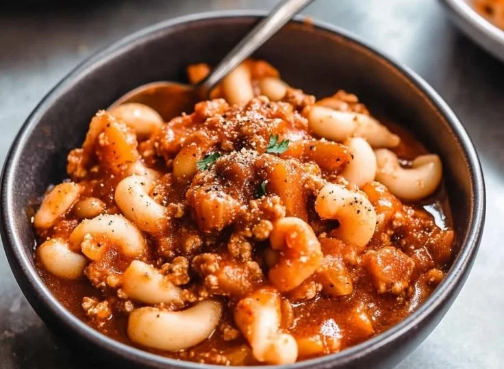 Bowl of easy American Goulash with meat and pasta