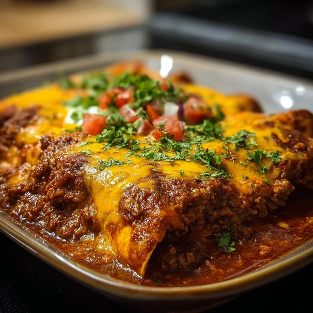 Delicious easy ground beef enchiladas served on a plate with toppings