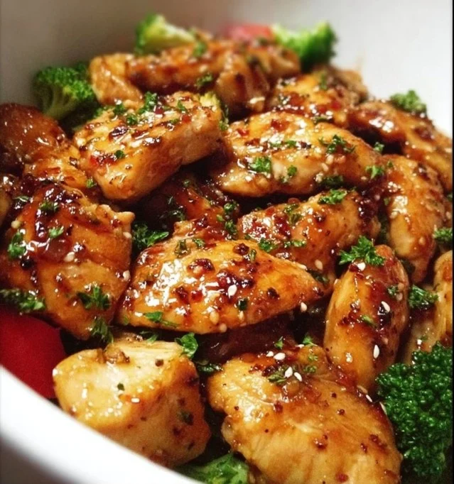 Plate of easy healthy baked honey garlic chicken garnished with herbs
