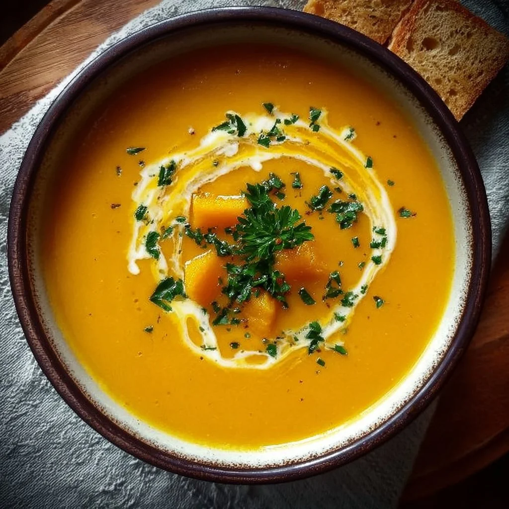 Bowl of easy healthy butternut squash soup topped with herbs and spices.