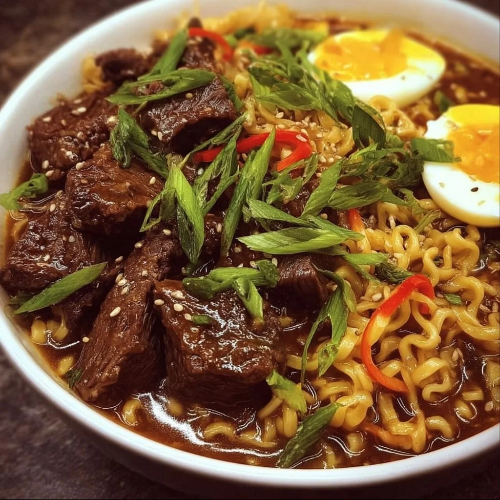 Slow cooker beef ramen noodles in a bowl garnished with green onions