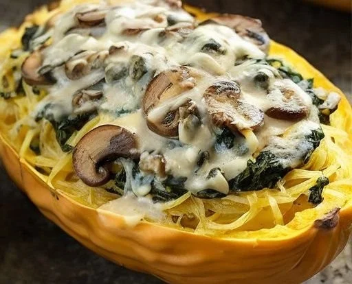 Easy Spinach Mushroom Spaghetti Squash Boats