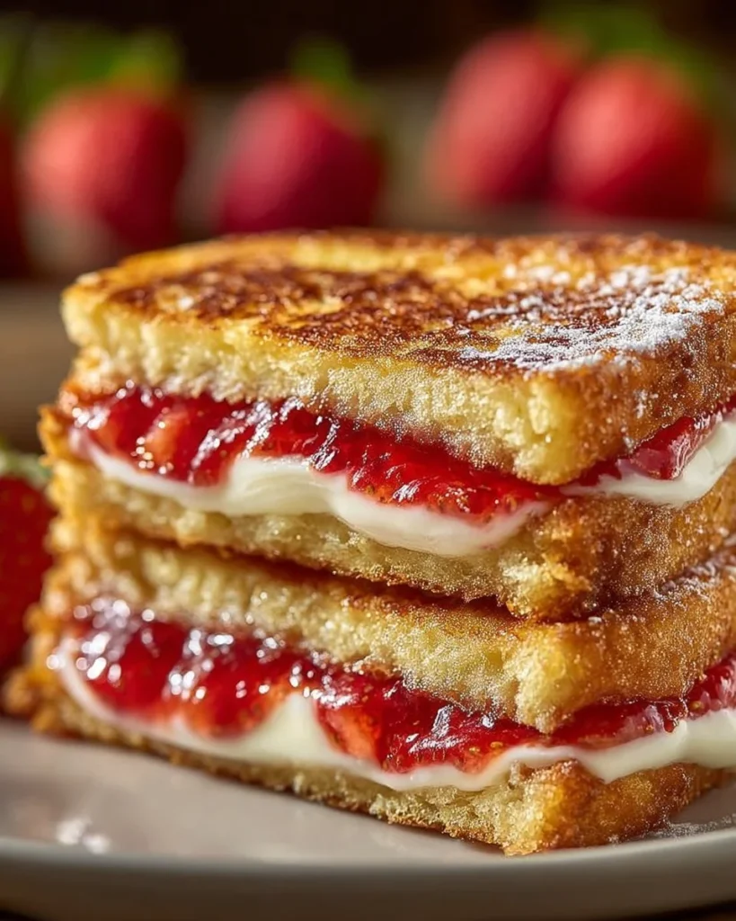 Fried strawberry cheesecake sandwiches served on a plate, garnished with powdered sugar.