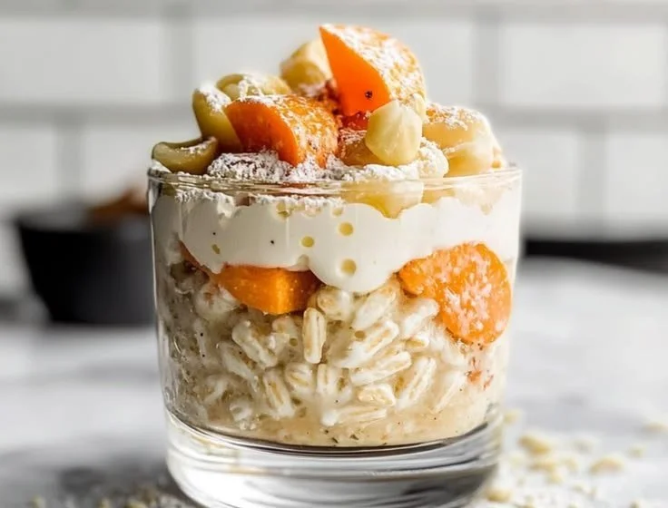 Delicious Frog Eye Salad with ingredients like acini di pepe and fruit salad.