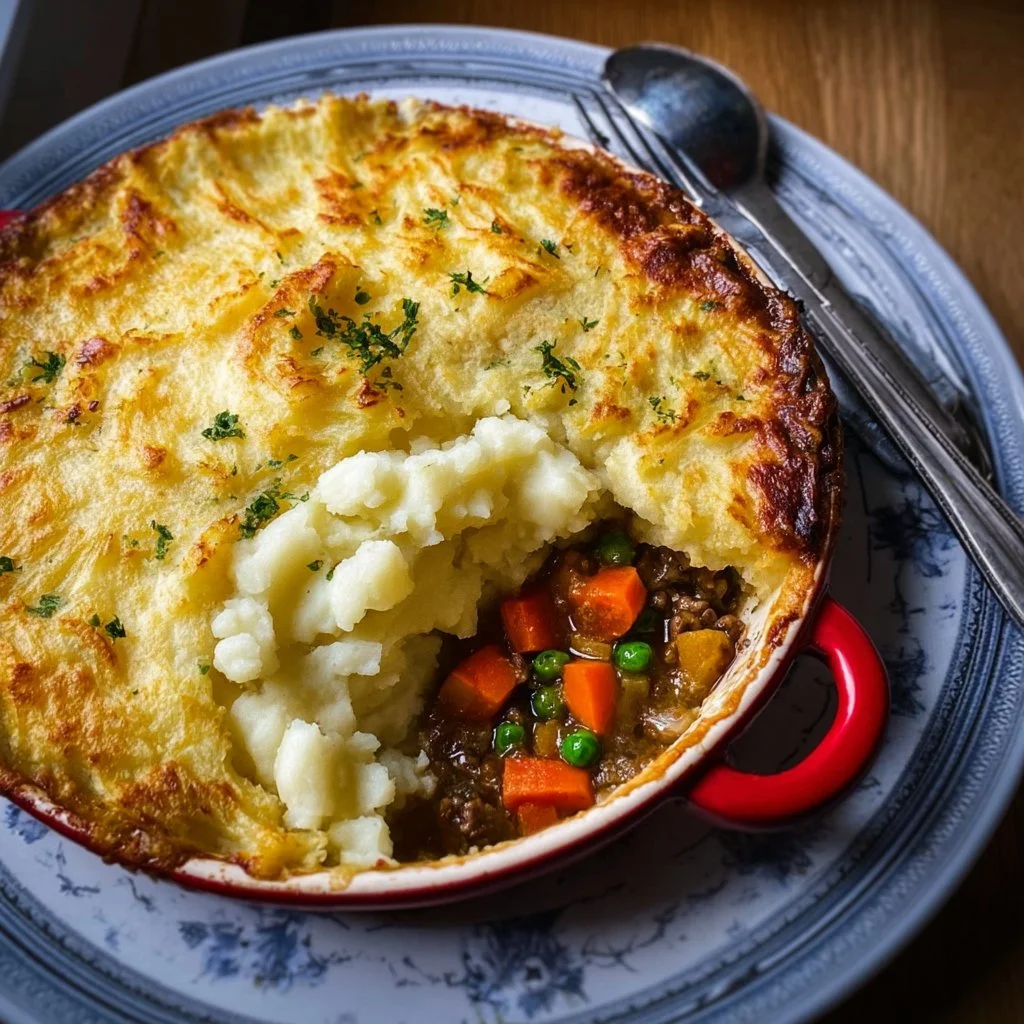 Gardener's Pie topped with creamy root vegetable mash, a healthy and delicious dish.