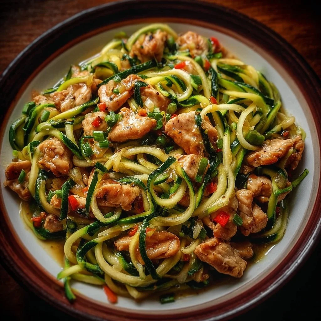 Garlic Chicken Zucchini Noodles Stir Fry in a vibrant bowl with fresh vegetables