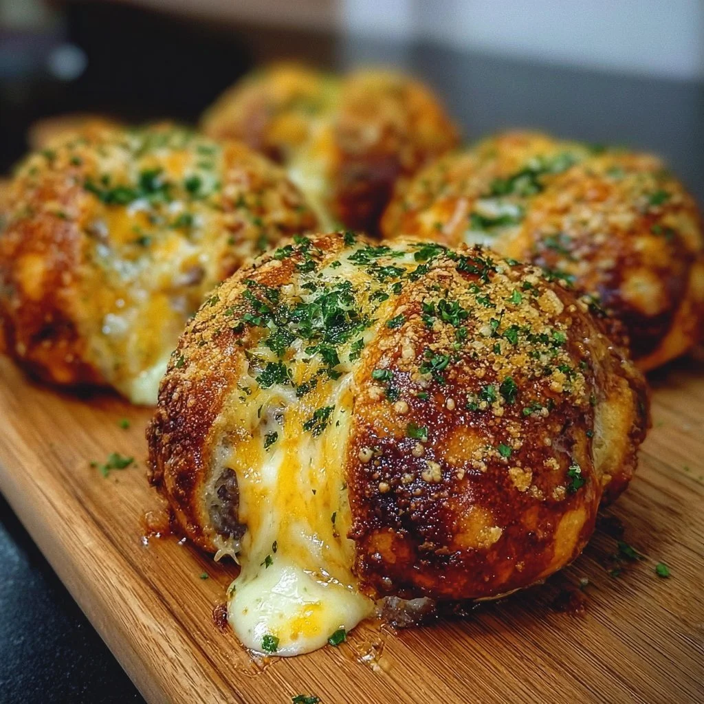Garlic Parmesan Cheeseburger Bombs filled with savory cheeseburger flavors