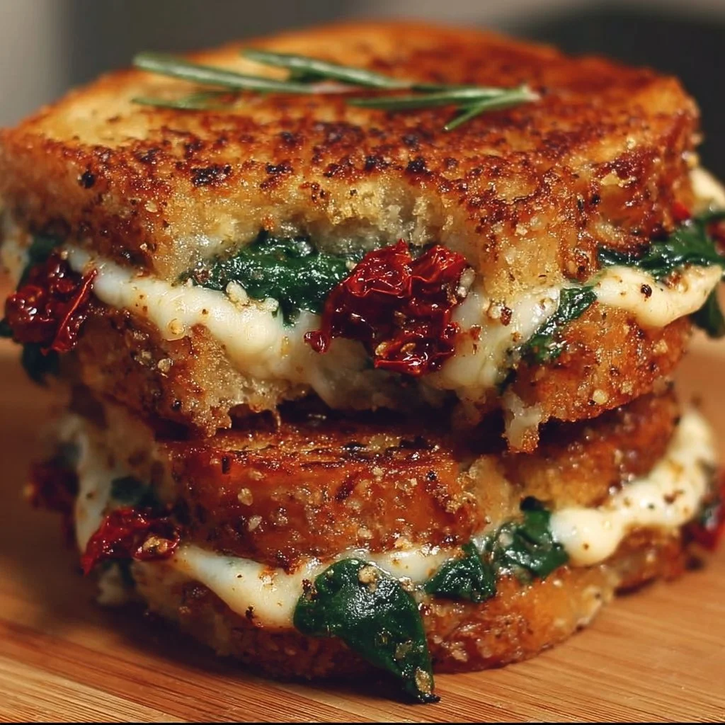 Gourmet grilled cheese sandwich with sun-dried tomatoes and spinach