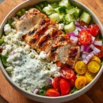 Colorful Greek Chicken Bowl with fresh vegetables and feta cheese