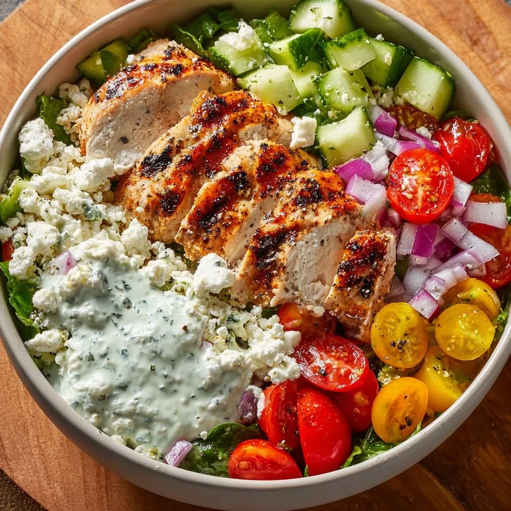 Colorful Greek Chicken Bowl with fresh vegetables and feta cheese