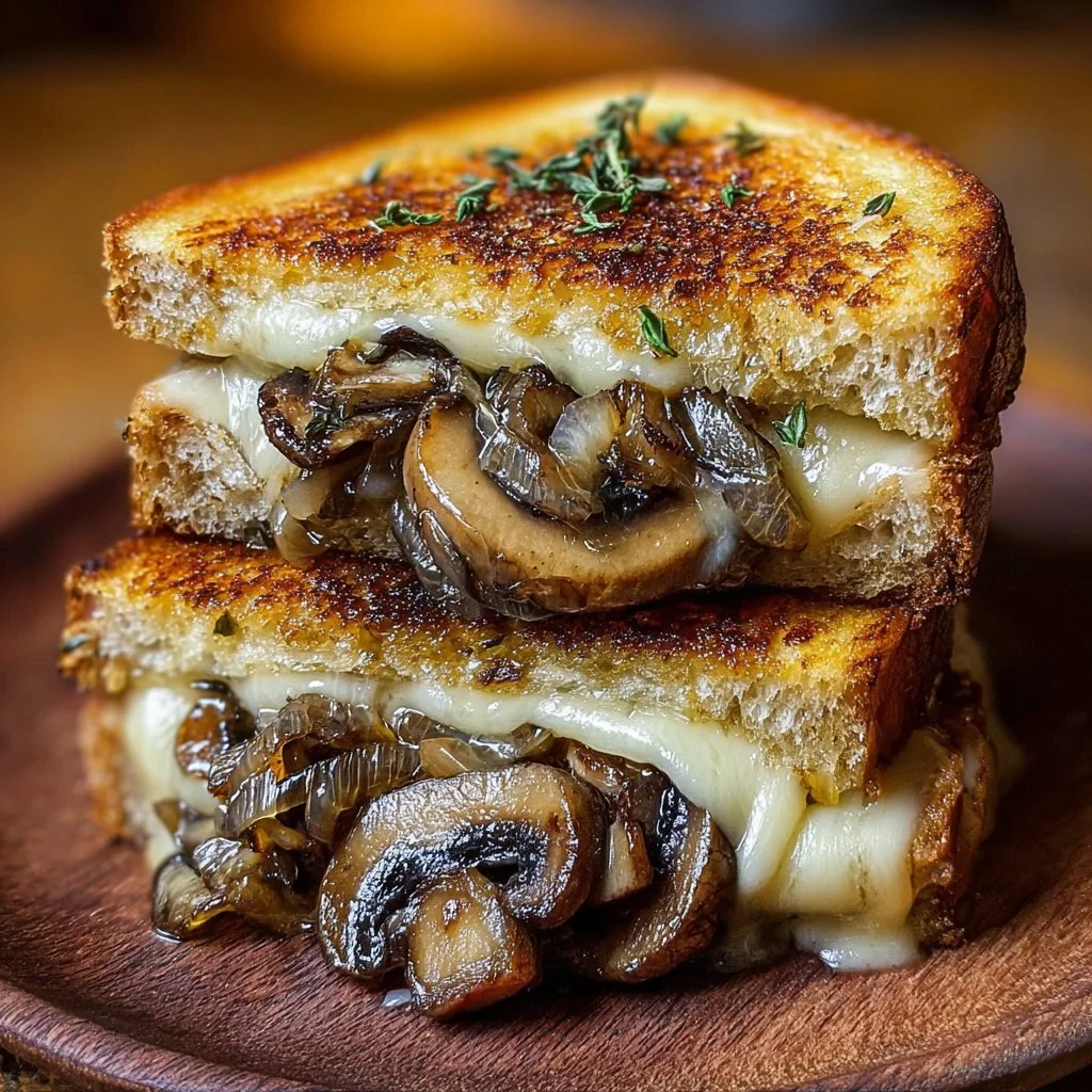 Grilled cheese sandwich with gouda cheese, roasted mushrooms, and caramelized onions