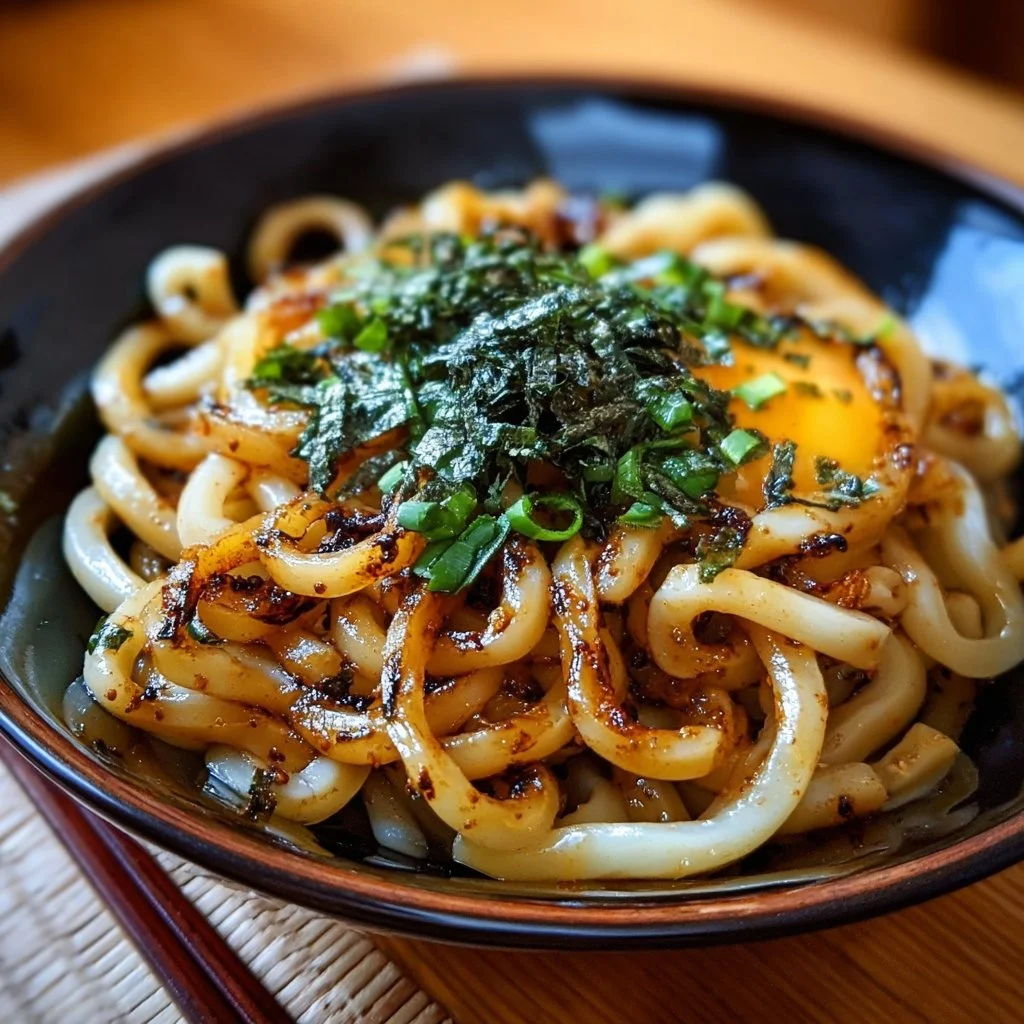 Delicious grilled udon noodles served with vegetables and sauce