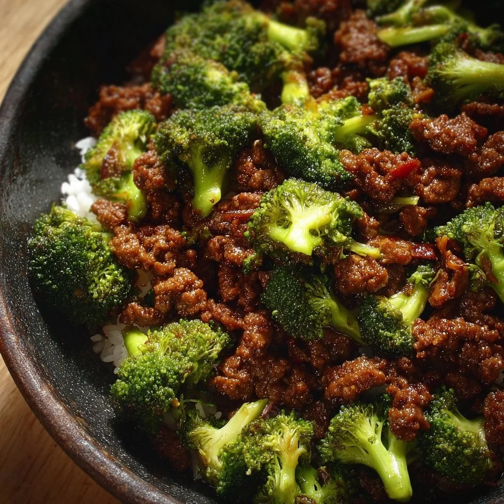 A plate of ground beef and broccoli stir-fry with vibrant vegetables.