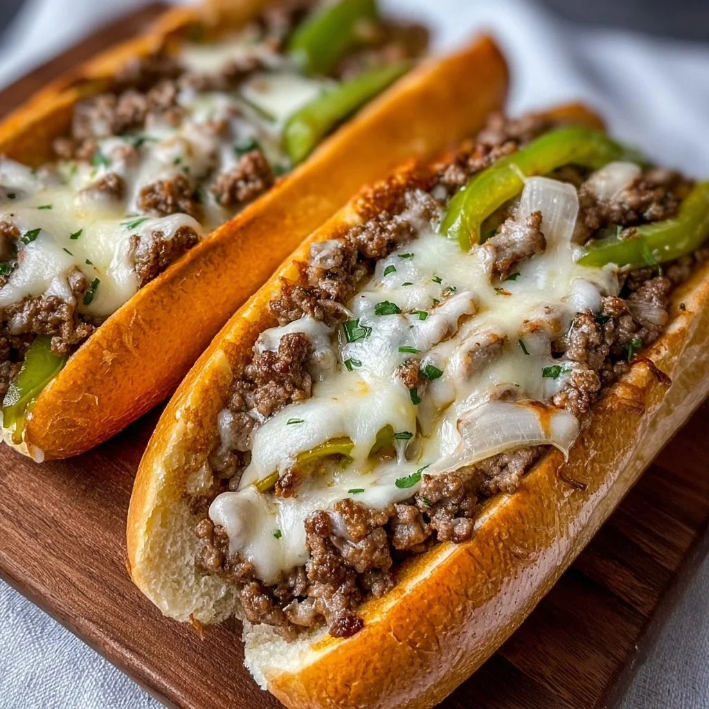 Delicious Ground Beef Philly Cheesesteaks with melted cheese and sautéed peppers.
