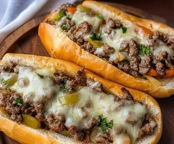 Mouthwatering Ground Beef Philly Cheesesteaks served on a fresh hoagie roll