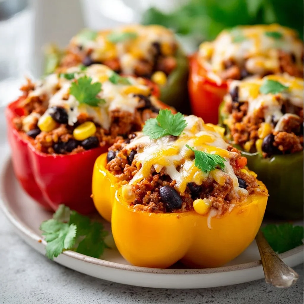 Healthy taco stuffed peppers filled with colorful ingredients and spices.