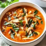 Bowl of hearty chicken tomato soup with fresh herbs and vegetables