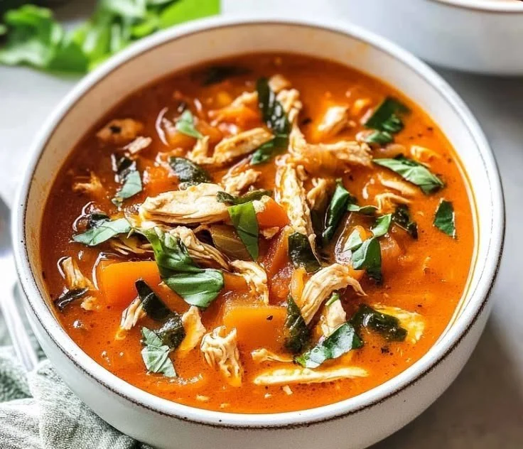 Bowl of hearty chicken tomato soup with fresh herbs and vegetables
