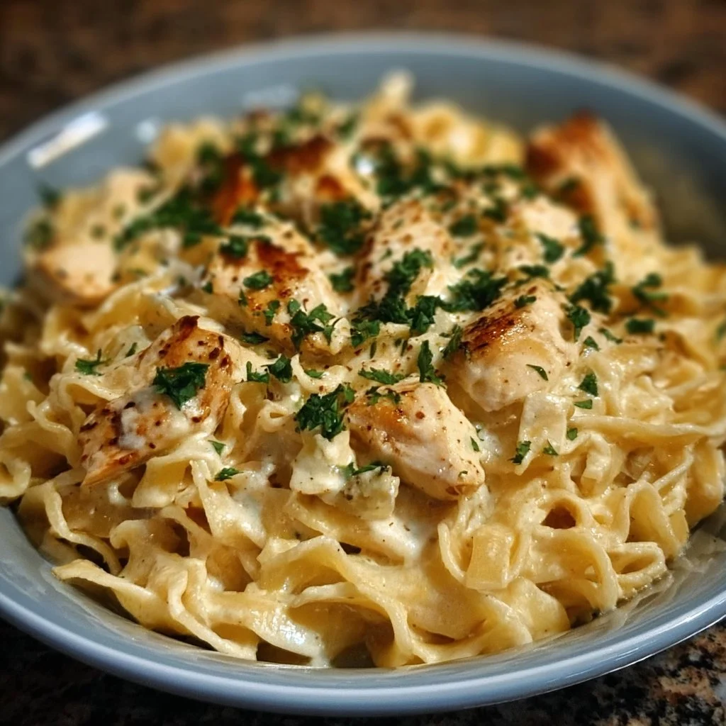 Creamy chicken buttered noodles served in a bowl, garnished with parsley.