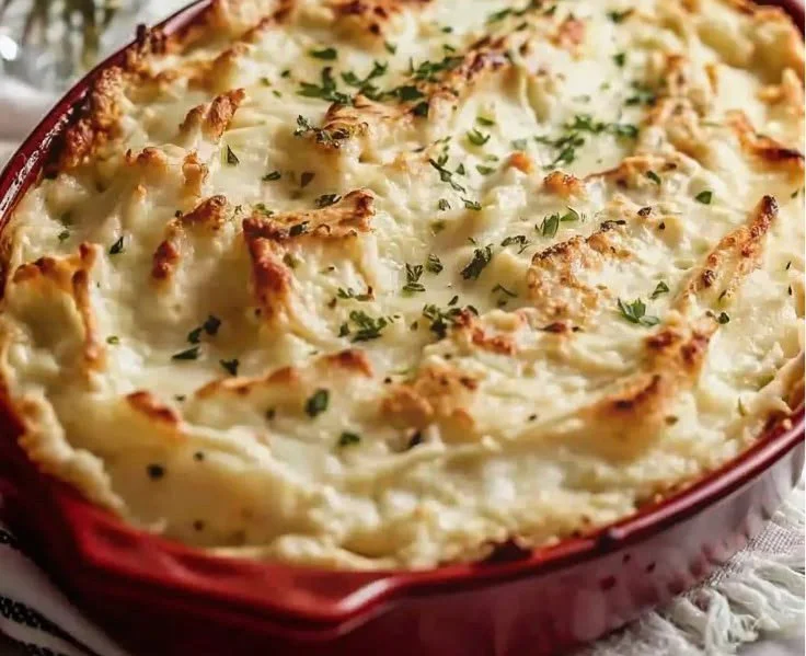 Delicious shepherd's pie recipe by Joanna Gaines topped with creamy mashed potatoes