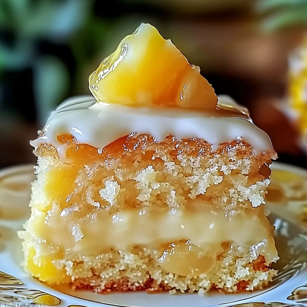 Juicy Pineapple Heaven Cake topped with fresh pineapple slices