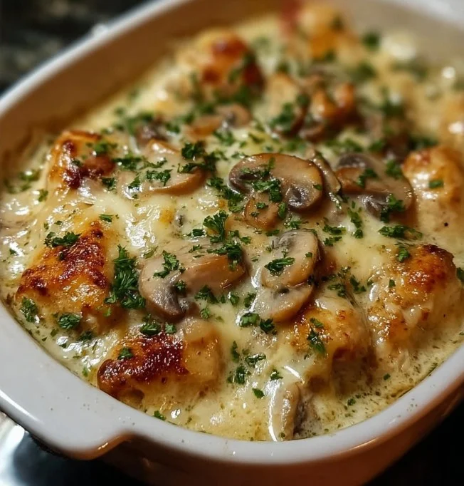 Keto Garlic Mushroom Chicken Casserole 3 Keto Garlic Mushroom Chicken Casserole with creamy sauce and mushrooms