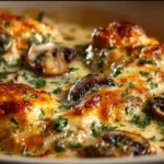Keto Garlic Mushroom Chicken Casserole with creamy sauce and mushrooms