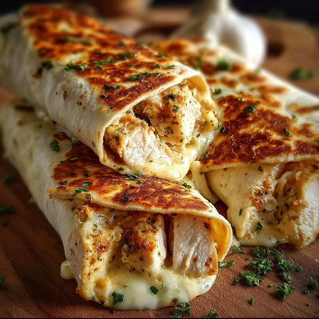 Low carb cheesy garlic chicken wraps with fresh ingredients and melted cheese