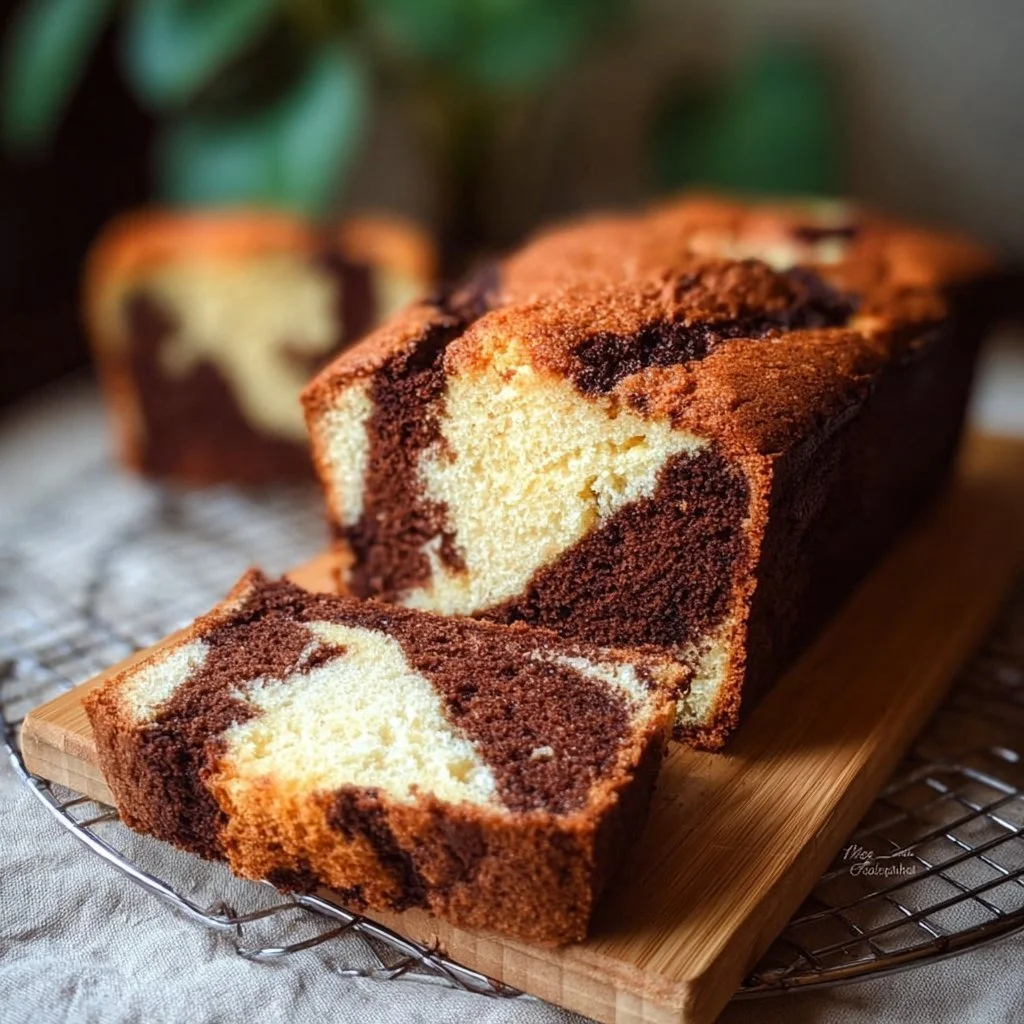 Sliced marble moist loaf cake with a rich chocolate and vanilla swirl
