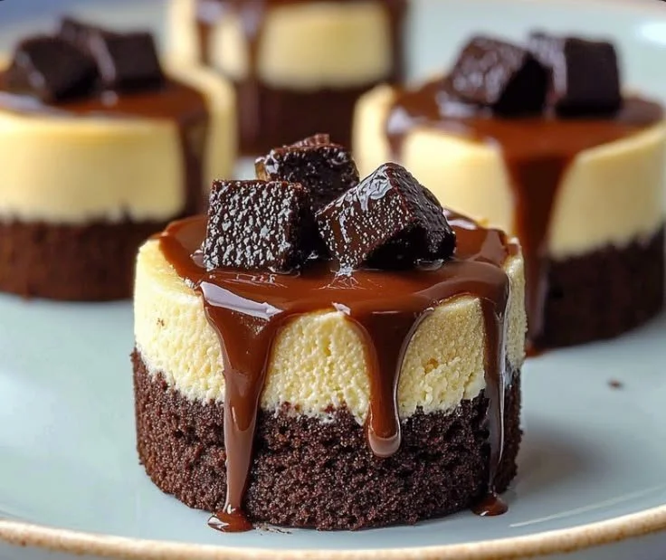 Delicious mini cheesecakes with a brownie base served on a plate.