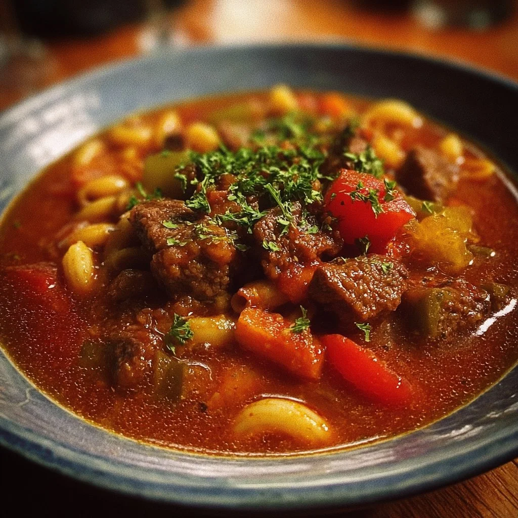 Bowl of old fashioned goulash with pasta, meat, and vegetables