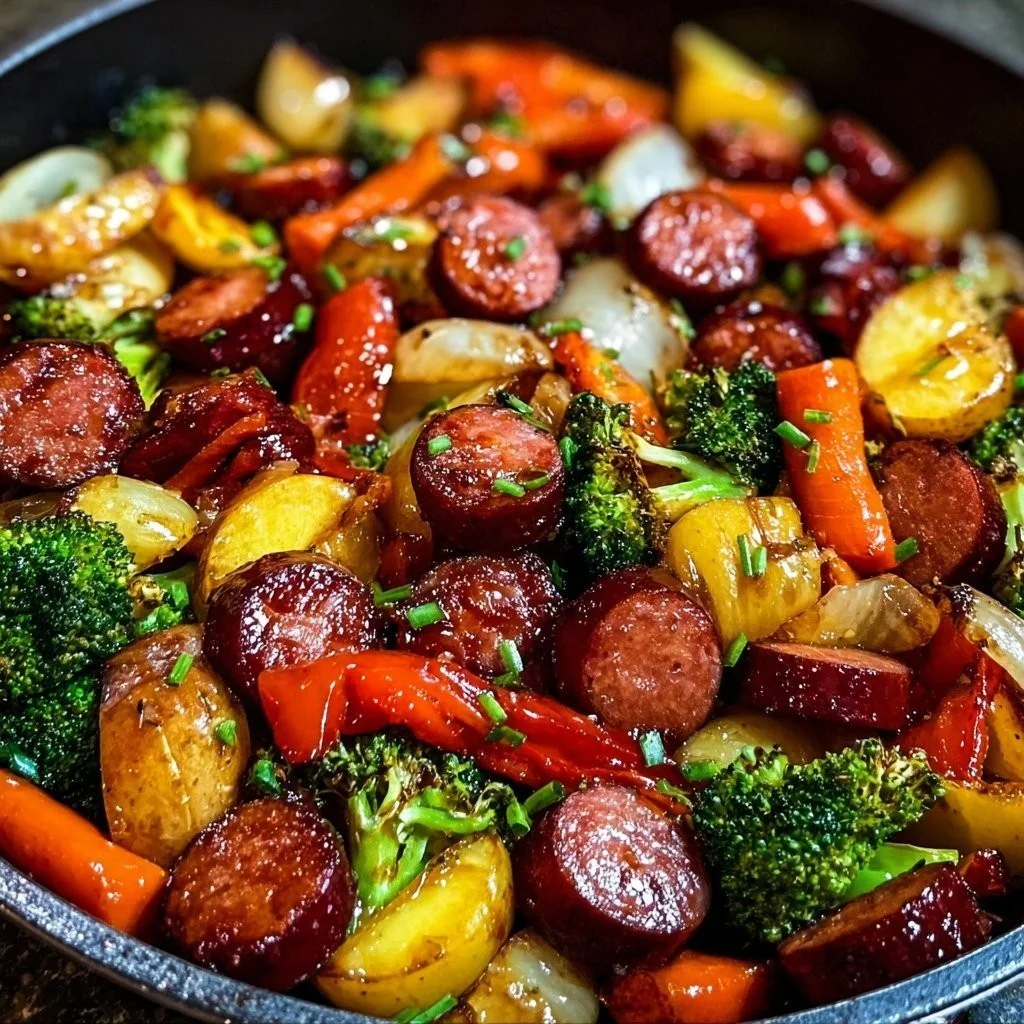 One-Pan Honey Garlic Kielbasa & Veggies 3 One-Pan Honey Garlic Kielbasa with colorful veggies in a skillet