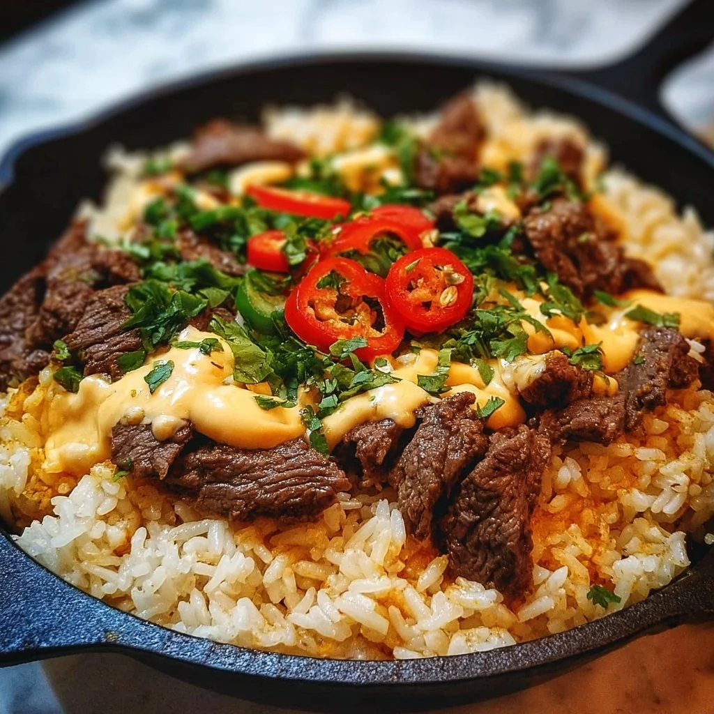 Delicious one-pan steak queso rice dish served with fresh ingredients