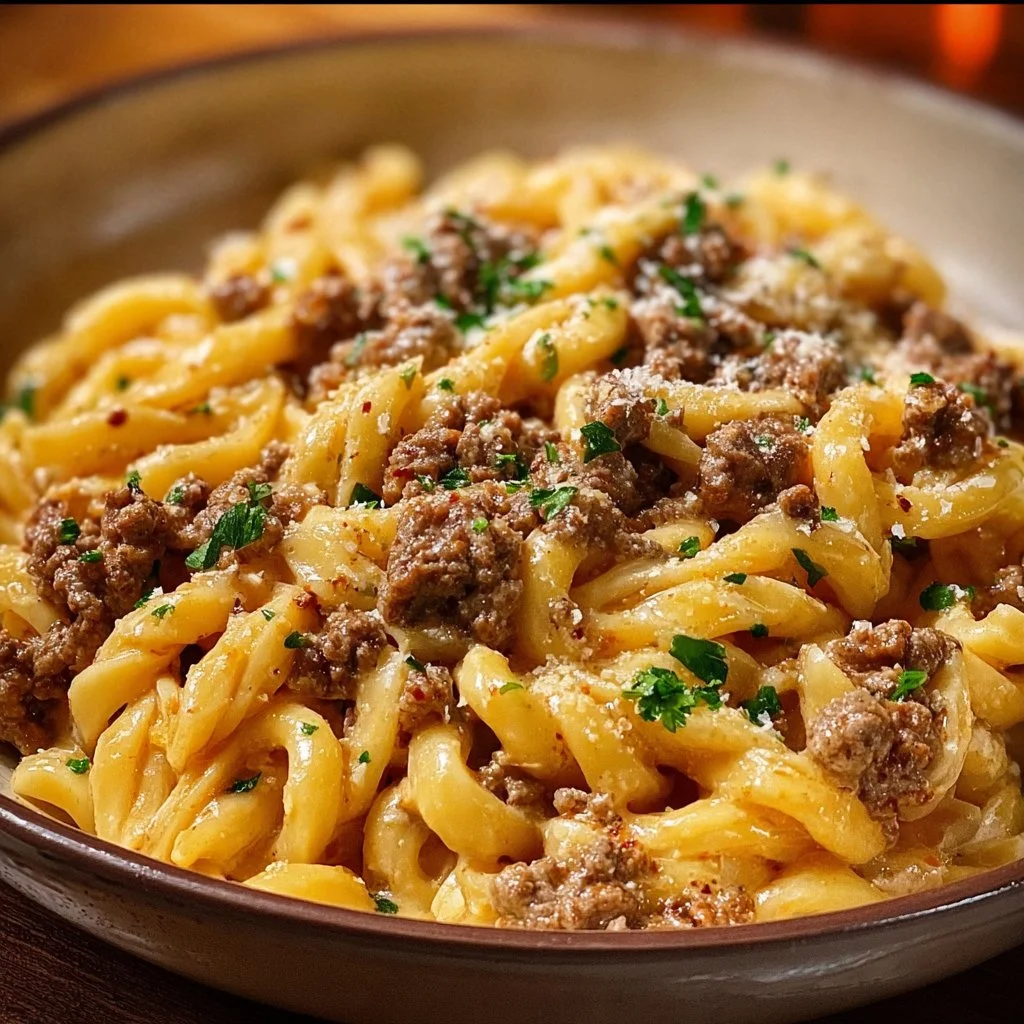 One-Pot Creamy Beef and Garlic Butter Pasta garnished with herbs