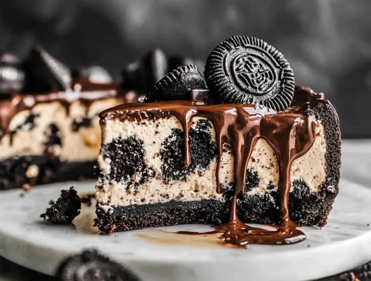 Delicious homemade Oreo Cheesecake with cookies on top