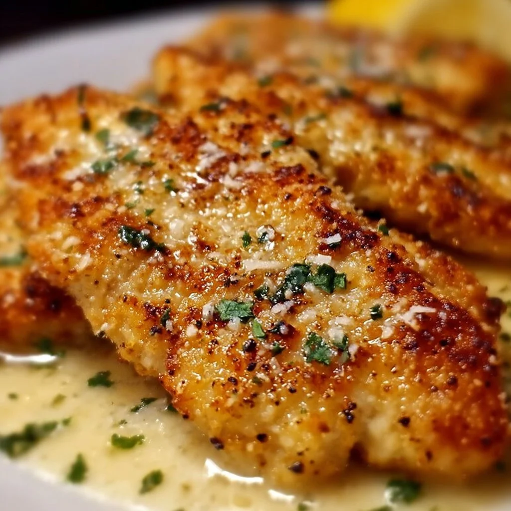 Delicious Parmesan Crusted Chicken served with herbs and spices