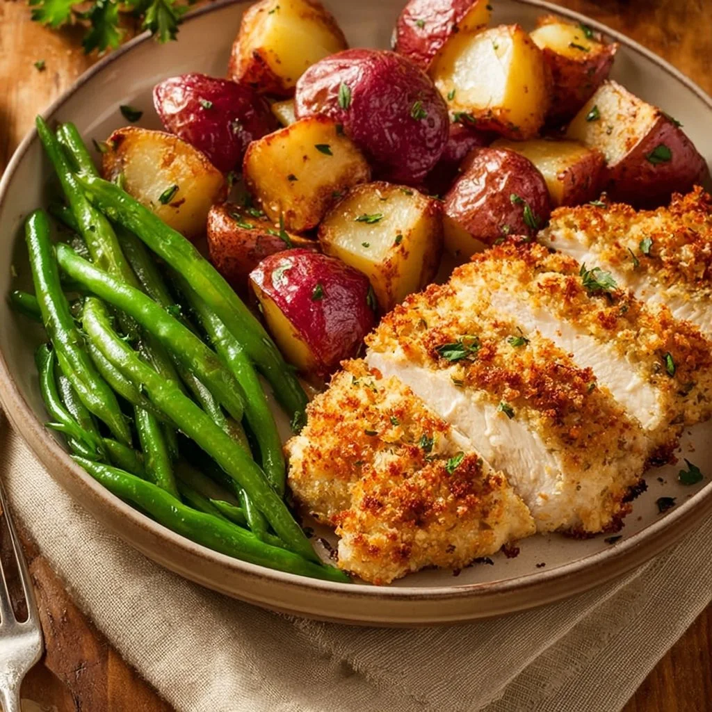Parmesan Crusted Chicken served with vegetables on a sheet pan for dinner