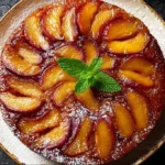 Delicious Peach Upside-Down Cake topped with caramelized peaches on a plate.