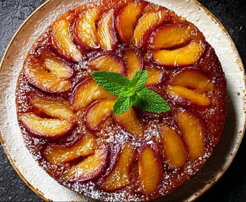 Delicious Peach Upside-Down Cake topped with caramelized peaches on a plate.