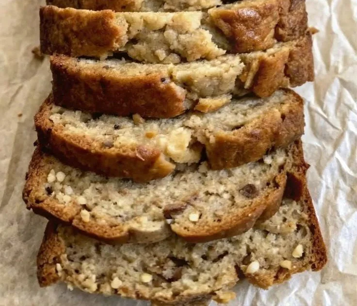 Freshly baked banana nut bread with walnuts on a wooden table
