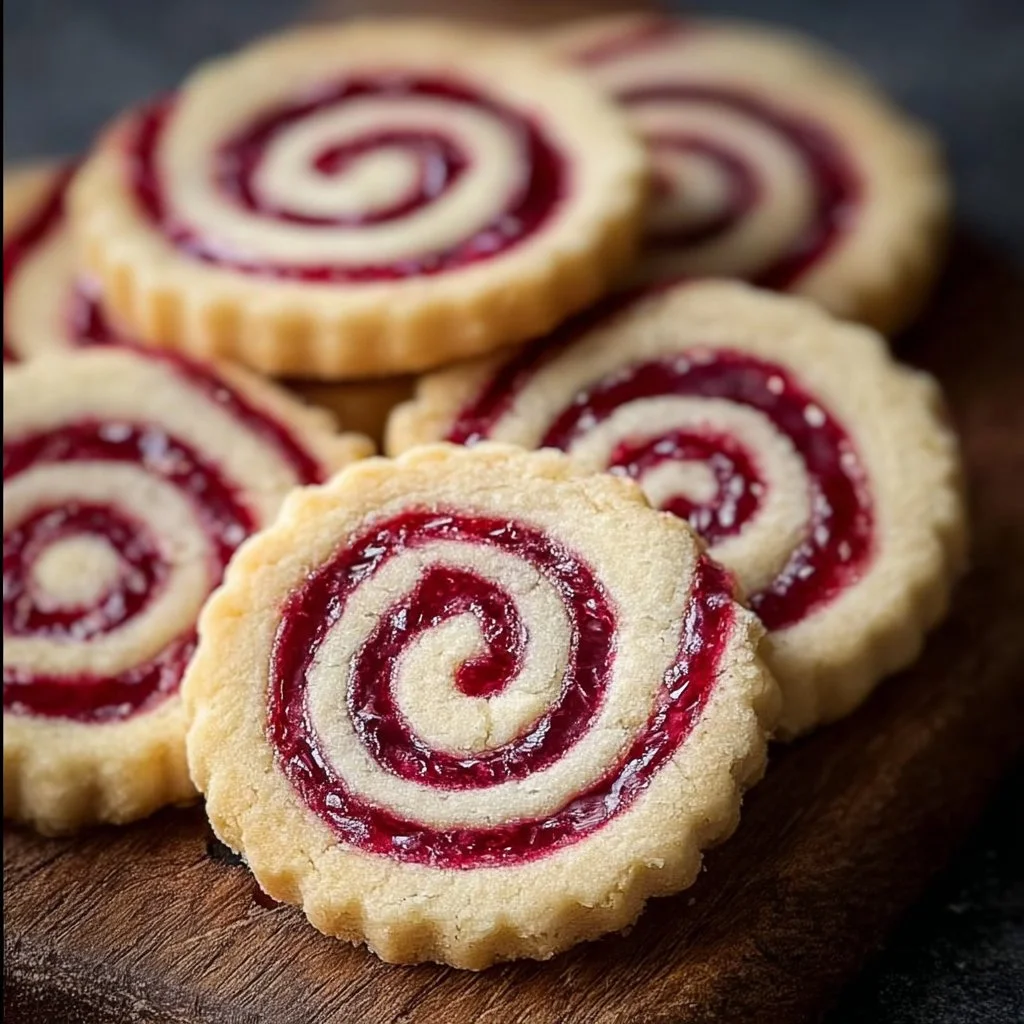 Perfect raspberry swirl shortbread cookies on a decorative plate