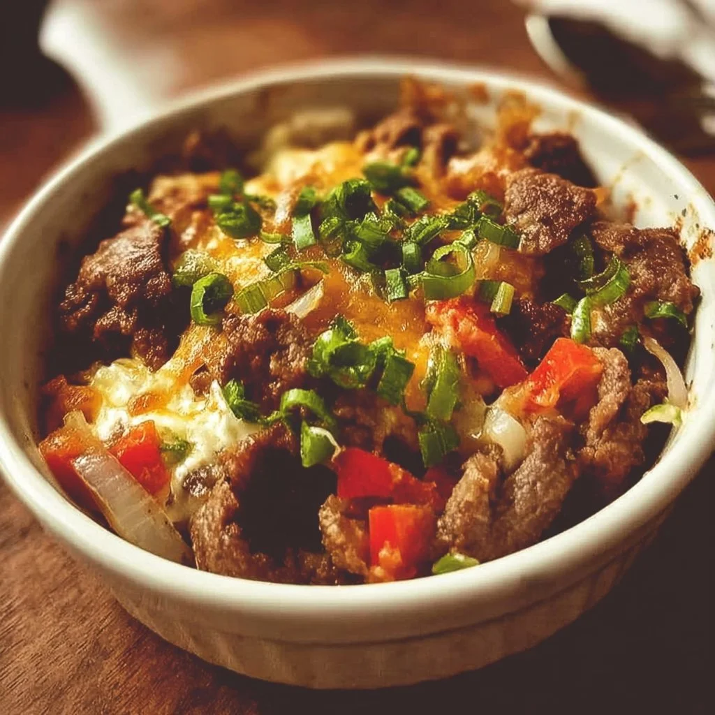 Delicious Philly Cheesesteak Bowl with beef, cheese, and toppings.