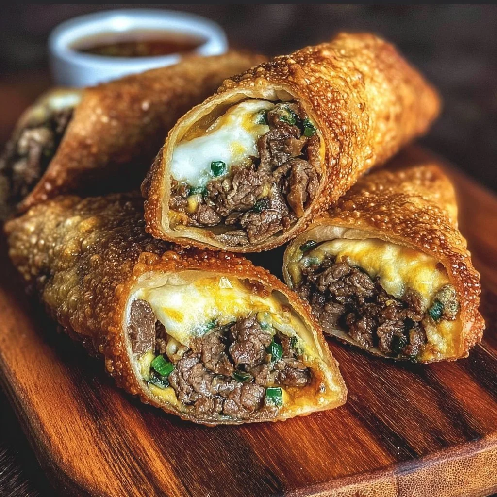 Philly cheesesteak egg rolls served with dipping sauce on a wooden platter.